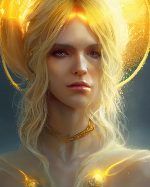 Image similar to a beautiful sun sorceress, flowy yellow golden hair, golden eyes, sun, summer, cinematic lighting, highly detailed, digital painting, trending on artstation, pixiv, concept art, sharp focus, illustration, art by ross tran and wlop, dark art