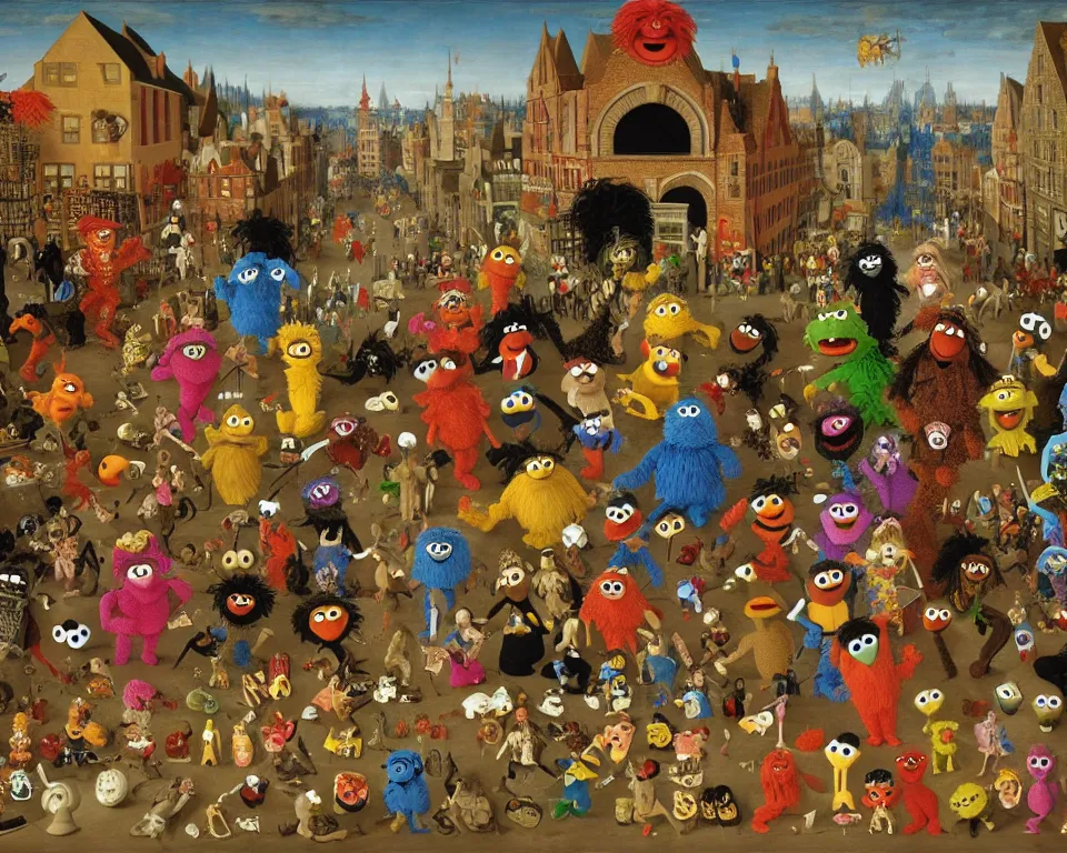 Image similar to sesame street muppets art by hieronymus bosh, triumph of death by pieter brueghel