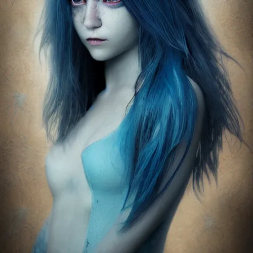 Image similar to The dragon girl portrait, portrait of young girl half dragon half human, dragon girl, dragon skin, dragon eyes, dragon crown, blue hair, long hair, highly detailed, cinematic lighting, Matte painting by David Lynch