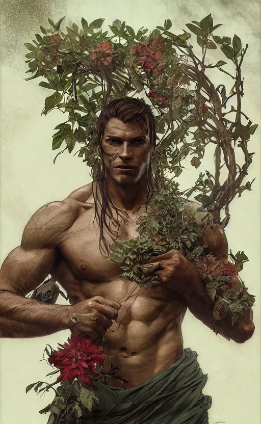 Image similar to god of the forest, rocksteady, rugged, handsome, male, detailed face, clean lines, atmospheric lighting, amazing, full body, thighs, flowers, muscular, intricate, highly detailed, digital painting, deviantart, concept art, sharp focus, illustration, art by greg rutkowski and alphonse mucha