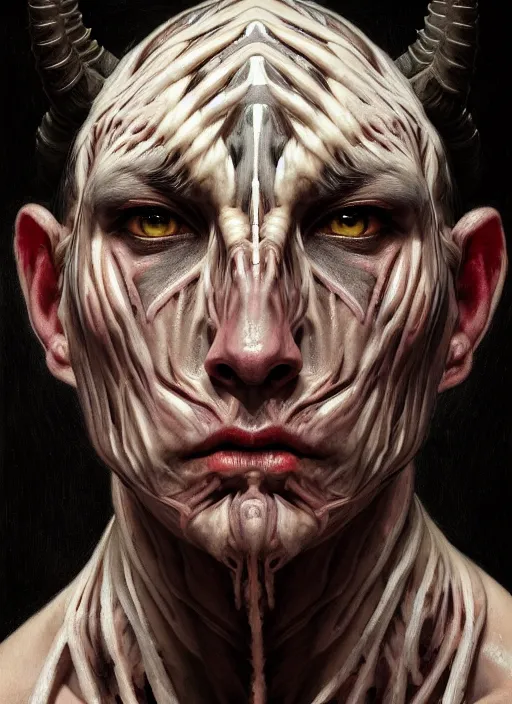 Image similar to half demon half human man intricate skin pattern texture, elegant, peaceful, full body, white horns, hyper realistic, extremely detailed, dnd character art portrait, dark fantasy art, intricate fantasy painting, dramatic lighting, vivid colors, deviant art, artstation, by edgar maxence and caravaggio and michael whelan and delacroix.