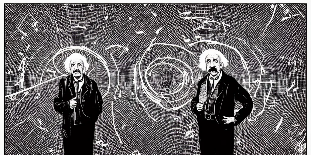 Prompt: portrait of albert einstein in front of a space - time diagram, by laurie greasley