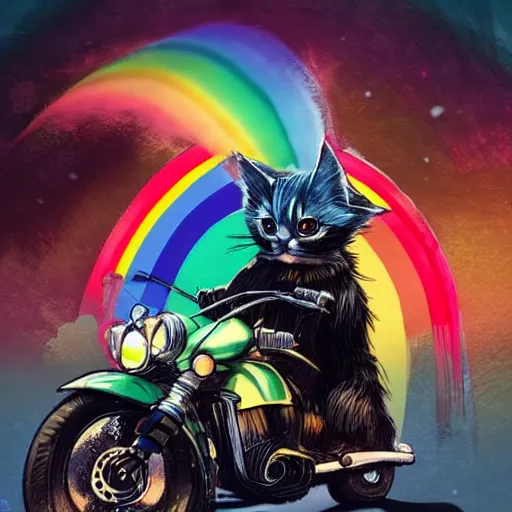 Image similar to wide angle full body, jacket wearing fluffy cute rainbow kitten wearing a black leather motorcycle jacket, riding on a motorcycle, cinematic concept art