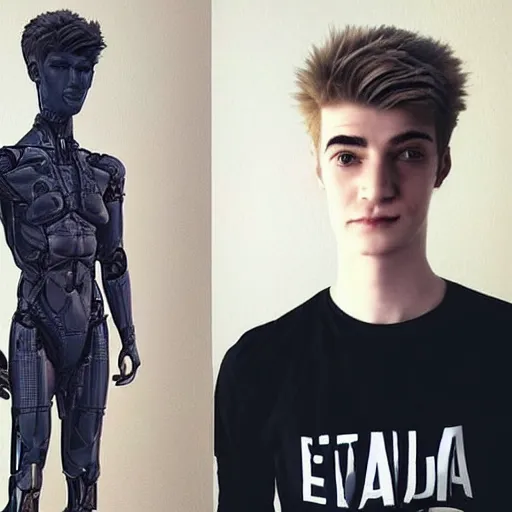 Image similar to “a realistic detailed photo of a guy who is an attractive humanoid who is half robot and half humanoid, who is a male android, twitch streamer Ninja Tyler Blevins, shiny skin, posing like a statue, blank stare, living room”