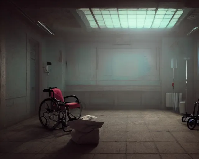 Image similar to artstation scifi scene of an old chinese ward, a bouquet of light on the ground business card, one ceiling fan, 2 wheelchair, crutches, 4 beds, dust, paneled walls, unreal engine 5, hyper realism, realistic shading, cinematic composition, blender render, octane render, hdr, detailed textures, photorealistic, wide shot