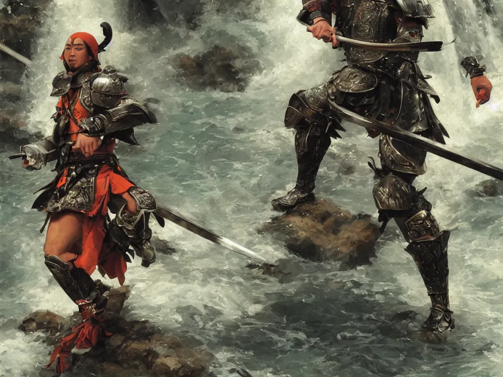 Prompt: close up of a samurai in full armor, training under a waterfall, by huang guangjian and gil elvgren, sachin teng, greg manchess