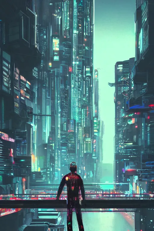 Image similar to a man standing on top of a bridge over a city, cyberpunk art by vincent lefevre, behance contest winner, altermodern, cityscape, synthwave, matte painting