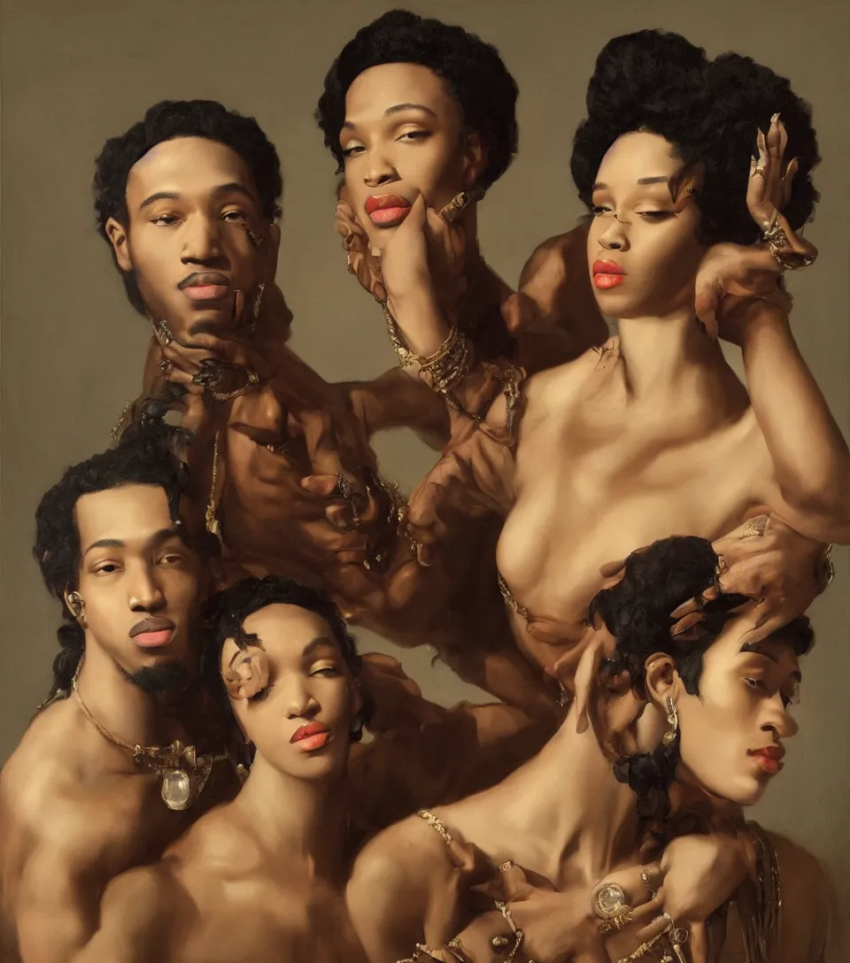 Prompt: portrait of offset and cardi b in the style of roberto ferri