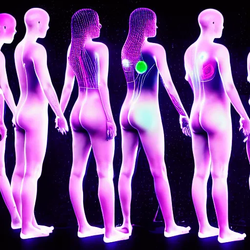 Image similar to diverse groups of humans with glowing electronic body implants projecting amazing images collectively, from behind, rebirth, beauty, wide angle, elaborate, wet, highly detailed, colors, beautiful lighting