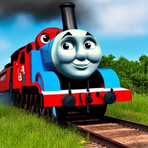 Prompt: the most smug looking Thomas the tank, rendered in redshift