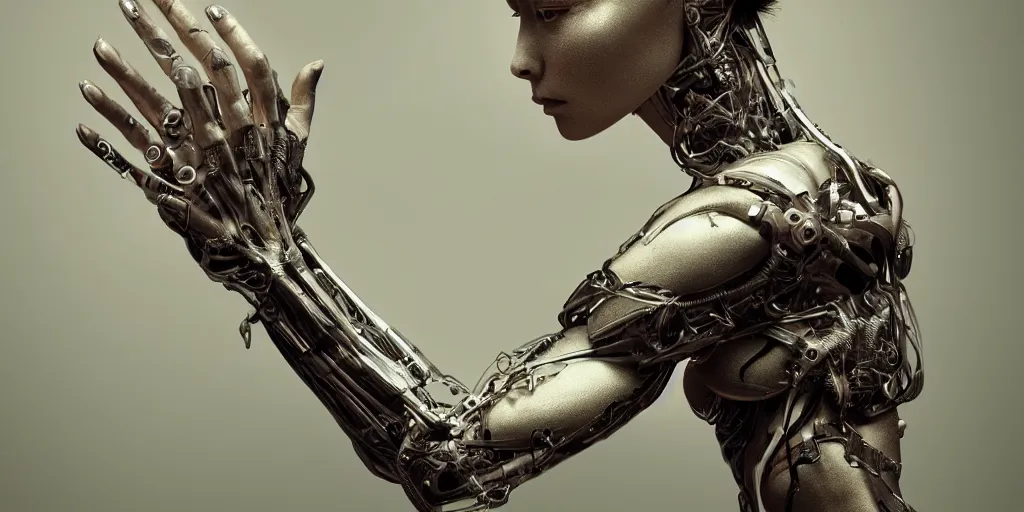 Image similar to the creation of, hyper realistic photography of a beautiful cyborg female, intimate holding close, in the style of beth cavener, jin kagetsu, wlop, highly detailed, intricate filigree, symmetry, masterpiece, concept art, highkey lighting, ambient lighting, octane render, 8 k, artstation