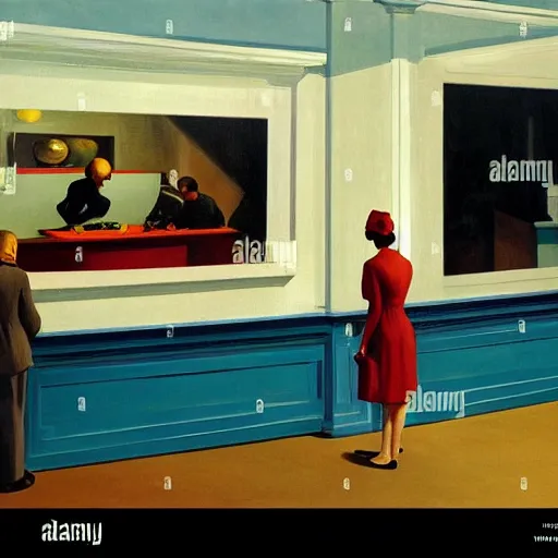 Image similar to painting, view from inside edward hopper's painting nighthawks, of people in art museum looking at the painting, by magrirre, by neo rauch