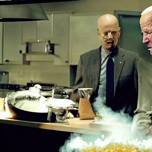 Image similar to “Very photorealistic screenshot of Joe Biden and Walter White cooking drugs in an episode of Breaking Bad, atmospheric lighting, award-winning”