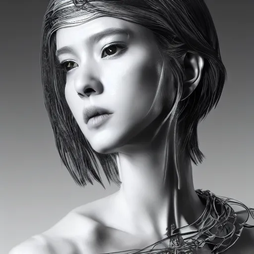 Image similar to the portrait of an absurdly beautiful, graceful, sophisticated, fashionable cyberpunk gravure idol, an ultrafine hyperdetailed illustration by kim jung gi, irakli nadar, matt wisniewski, intricate linework, iridescent wiring, porcelain skin, unreal engine 5 highly rendered, global illumination, radiant light, detailed and intricate environment