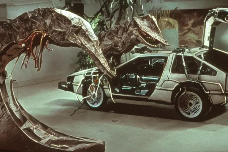 Image similar to time machine from back to the future in the Late Cretaceous period