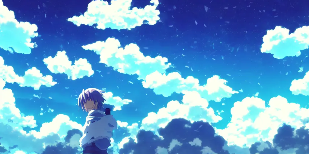 Image similar to A background for an anime-themed social media profile sky bright clouds bloom effect from Skyrim blender studio ghibli clouds