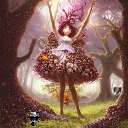 Prompt: magical girl madoka magica in a forest with wise oak treant adorned with fungi like mycelium branches highly detailed by Agostino Arrivabene, Albert Bierstadt, Albert Koetsier and Agnes Lawrence Pelton:3, trees covered with various mushrooms, bright vivid color hues:1, brown:-2