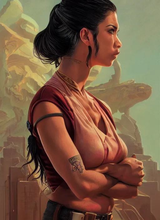 Image similar to portrait of Amber Midthunder in Prey (2022), highly detailed, centered, solid color background, digital painting, artstation, concept art, smooth, sharp focus, illustration, Jason Edmiston, donato giancola, Joseph Christian Leyendecker, Les Edwards, Ed Repka, WLOP, Artgerm