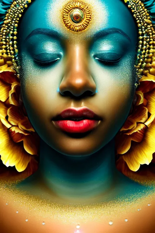 Image similar to hyperrealistic post - symbolist cinematic very beautiful! oshun goddess with white eyes, yoruba body paint, dripping mirror droplet lips, gold flowers, highly detailed digital art masterpiece, smooth etienne sandorfi eric zener dramatic pearlescent soft teal light, ground angle uhd 8 k, sharp focus