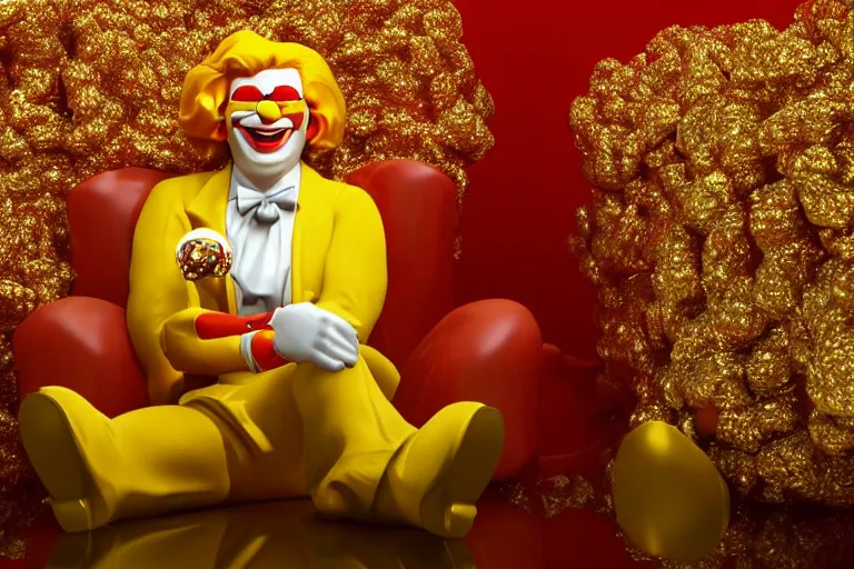 Image similar to a still of ronald mcdonald surrounded by gold and diamonds, award - winning, photograph, 3 d render, unreal engine, 4 k detailed