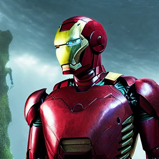 Image similar to rusty iron man suit with moss being reclaimed by nature underwater!!!!, 4 k, spooky