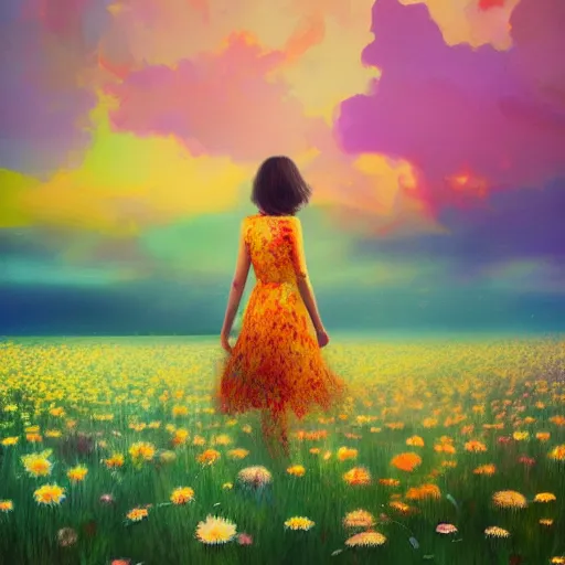 Image similar to giant daisy flower head, full body, girl walking in a flower field, surreal photography, sunrise dramatic light, impressionist painting, colorful clouds, digital painting, artstation, simon stalenhag, flower face