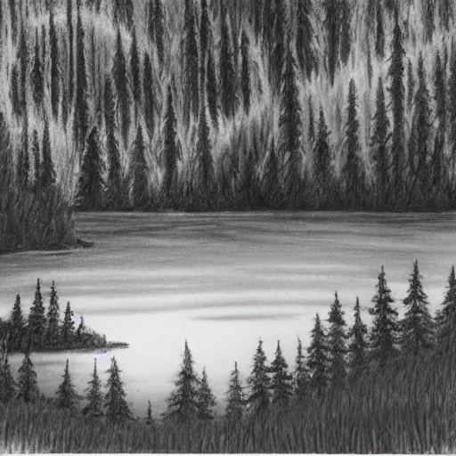 Image similar to Bob Ross drawing a forest with a lake