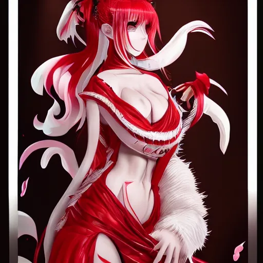 Image similar to kitsune woman nekomimi fancy haircut, full body, intrincate, red and white, gliter, depth of field, 8k, hyper detailed,realistic, trending on artstation