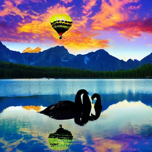 Image similar to photo of two black swans touching heads in a beautiful reflective mountain lake, a colorful hot air balloon is flying above the swans, hot air balloon, intricate, 8k highly professionally detailed, HDR, CGsociety