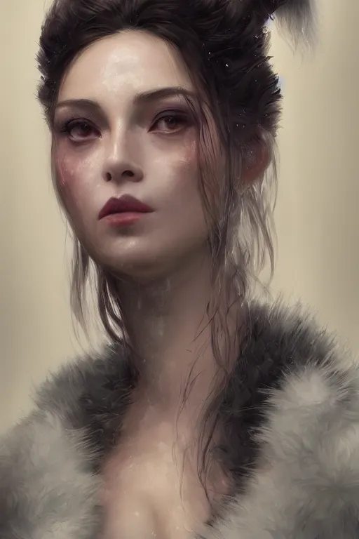 Prompt: A fancy portrait of an attractive women with fur Under garments by Greg Rutkowski, beeple, Sung Choi, Mitchell Mohrhauser, Maciej Kuciara, Johnson Ting, Maxim Verehin, Peter Konig, final fantasy, macro lens , 8k photorealistic, cinematic lighting, HD, high details, dramatic, dark atmosphere, trending on artstation