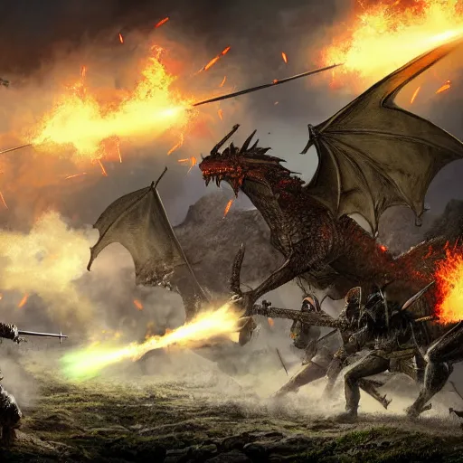 Image similar to war torn medieval battlefield, figures fighting in the distance, dragons spewing fire, mages in a circle casting, dnd, fantasy, high quality, high definition, concept art, smooth