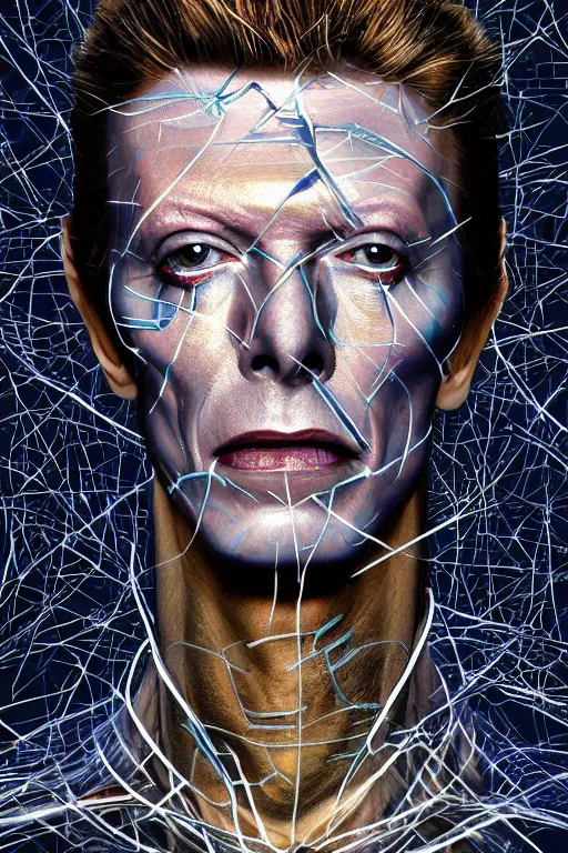 Prompt: portrait of david bowie cyborg, kintsugi, modern fine art, fractal, intricate, elegant, highly detailed, digital photography, subsurface scattering, by jheronimus bosch and basquiat and greg rutkowski,