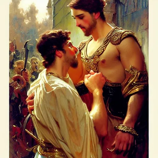 Image similar to attractive fully clothed king confesses his love for his attractive fully clothed male prince. highly detailed painting by gaston bussiere, mark brooks, j. c. leyendecker