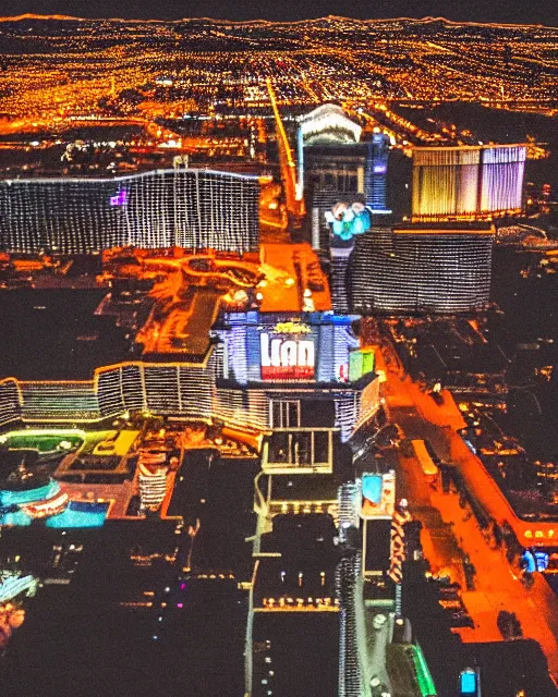 Prompt: las vegas at night on fire, shot from drone, grainy, polaroid, zoomed in