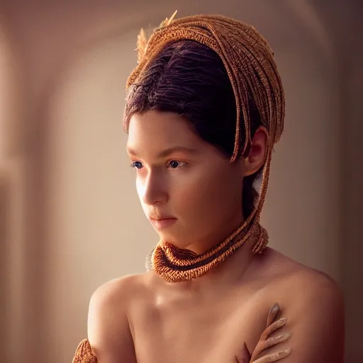 Prompt: portrait of a stunningly beautiful traditional female in soft light, depth of field, zeiss lens, detailed, symmetrical, centered, fashion photoshoot, by annie leibovitz and steve mccurry, david lazar, jimmy nelsson, breathtaking, 8 k resolution, extremely detailed, beautiful, establishing shot, artistic, hyperrealistic, beautiful face, octane render