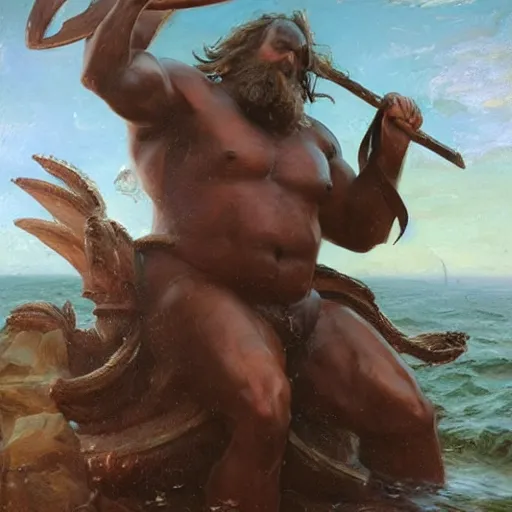 Image similar to by michael malm stormy. a sculpture of a mythological scene. large, bearded man seated on a throne, surrounded by sea creatures. he has a trident in one hand & a shield in the other. behind him is a large fish. in front of him are two smaller creatures.