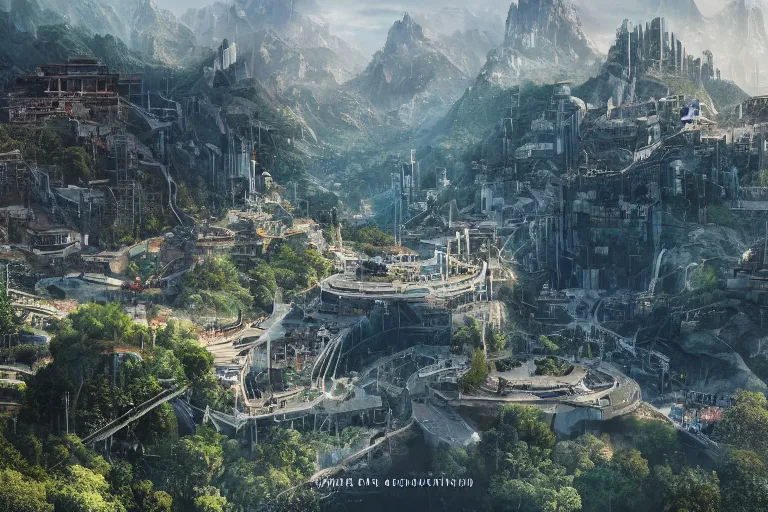 Image similar to a scenic view of a city build on and around a mountain, market and gardens, james paick and beeple, imax quality, cinematic photography, cinematic, ue 5, realistic, highly - detailed, sci - fi