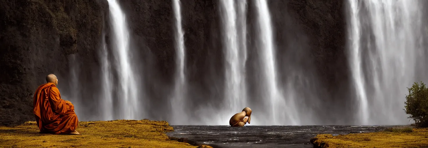 Image similar to dang ngo, annie leibovitz, steve mccurry, a simply breathtaking shot of mediating monk in black, giantic waterfall, golden hour, golden ratio, wide shot, symmetrical