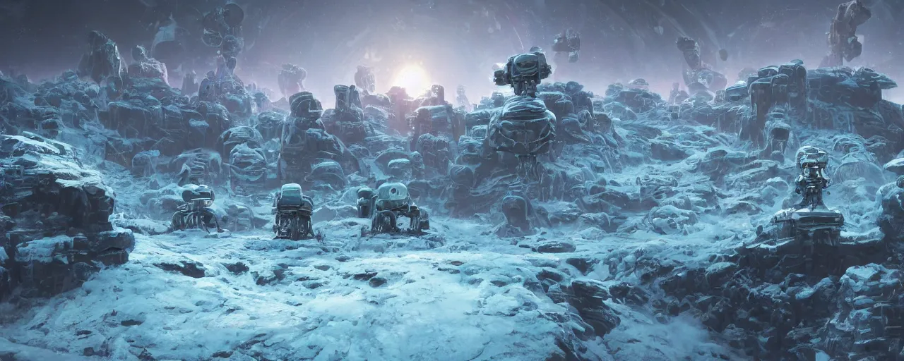 Prompt: outer planet covered with ice, mining robots, art by paul lehr, cinematic, detailed, epic, widescreen, opening, establishing, matte painting, photorealistic, realistic textures, octane render