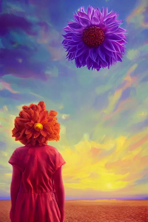 Image similar to closeup giant dahlia flower head, girl standing on beach, surreal photography, blue sky, sunrise, dramatic light, impressionist painting, digital painting, artstation, simon stalenhag