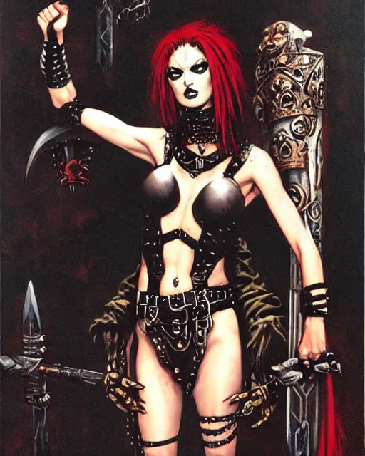 Prompt: portrait of a skinny punk goth sorceress wearing armor by simon bisley, john blance, frank frazetta, fantasy, barbarian