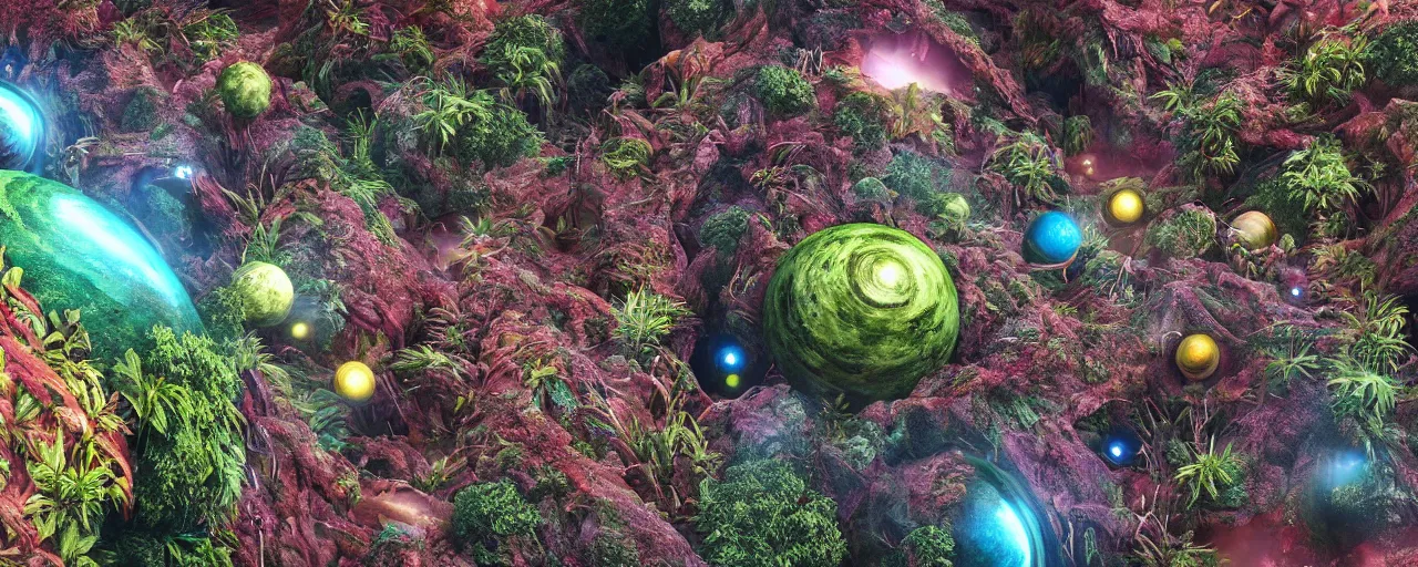 Image similar to ” outer planet with strange alien vegetation, [ colourful, cinematic, detailed, epic, widescreen, opening, establishing, mattepainting, photorealistic, realistic textures, octane render ] ”