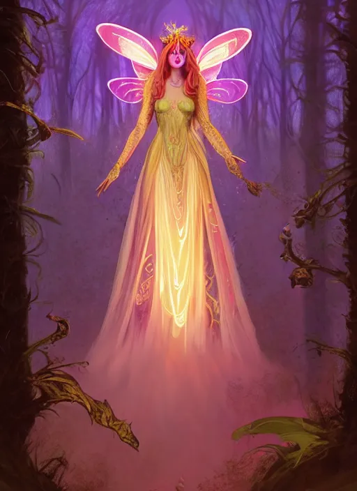 Image similar to stunningly beautiful female faerie priestess in amanita muscaria forest landscape, symmetrical wings on back, neon hair, fantasy art, wearing a dress of gossamer gold, inner glow, dark light night, face by otto schmidt, sharp focus, digital painting, 4 k, concept art, art by greg rutkowski and alphonse mucha, brom,