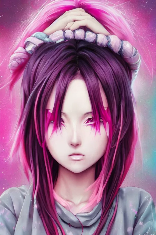 Image similar to portrait of an anime manga girl with pink and white dreads, straight on portrait, by artgerm, james jean, tom bagshaw, gerald brom, vaporwave colors, lofi colors, vaporwave, lofi, goth vibe, 4 k, smooth, hd, substance designer render, full body character concept art, symmetrical,