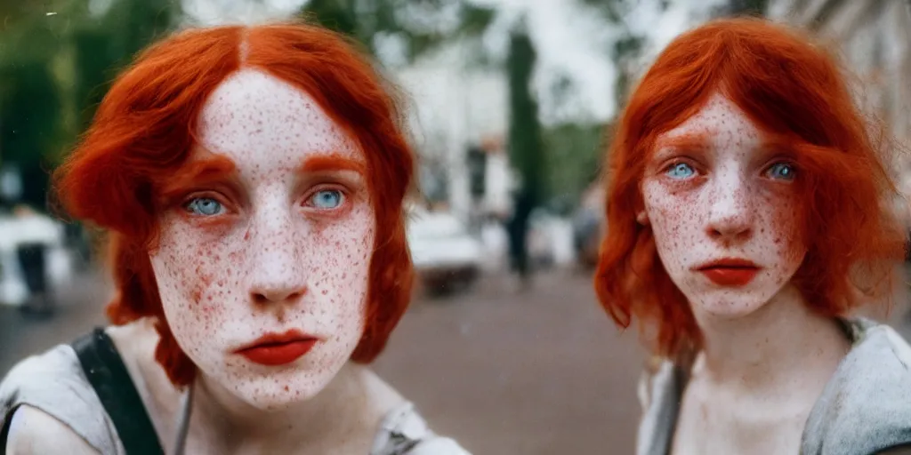 Image similar to a young red haired woman with freckles looks deeply into the camera, 1920's london street, velvia 100, 50mm, f4.0, 1920's style photo