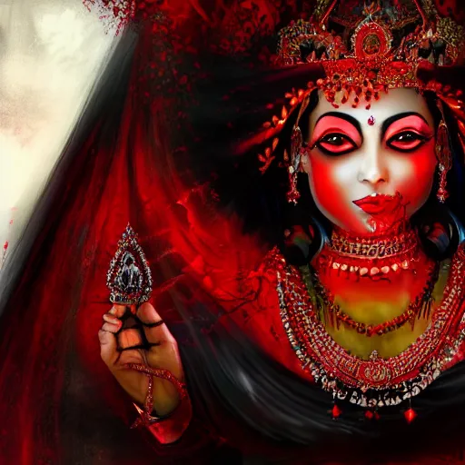 Image similar to beautiful Hindu queen of the dark with veil, in darkness, cover with a lot of red water, horror terrifying, surreal realistic, photorealistic, hyper details, full HD, 8k!