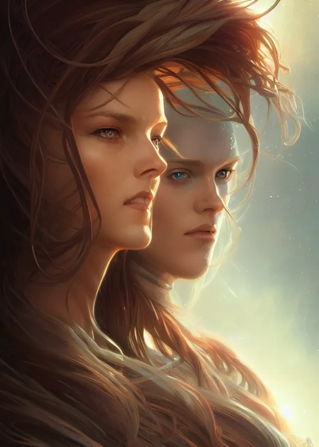 Image similar to futuristic woman portrait, sci-fi, amber eyes, face, long hair, fantasy, intricate, elegant, highly detailed, digital painting, artstation, concept art, smooth, sharp focus, illustration, art by artgerm and greg rutkowski and alphonse mucha