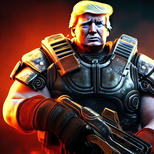 Image similar to photo portrait of donald trump with cigar as god emperor in gears of war, splash art, movie still, detailed face, photorealistic facial features, cinematic lighting, dramatic, octane render, long lens, shallow depth of field, bokeh, anamorphic lens flare, 8 k, hyper detailed, 3 5 mm film grain