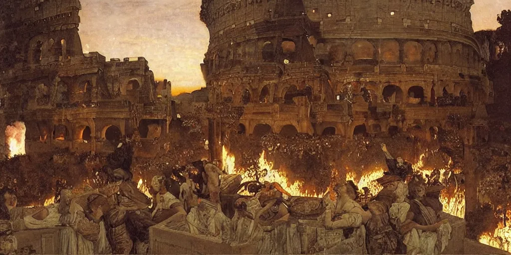 Image similar to ancient rome on fire at night by lawrence alma - tadema,