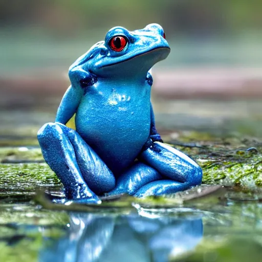 Image similar to cinematic shot of an anthropomorphic blue frog wearing a pink suit of armor aiming an AK-47 knee-deep in a swamp, very intricate, very detailed, depth of field,